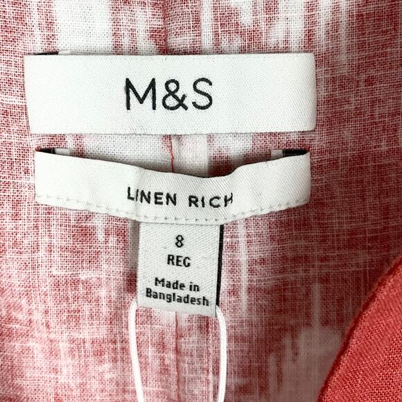 M&S Womens Linen Rich Printed V-Neck Tunic Dress 3/4 Sleeves Sienna Red Size 8 - Picture 4 of 15